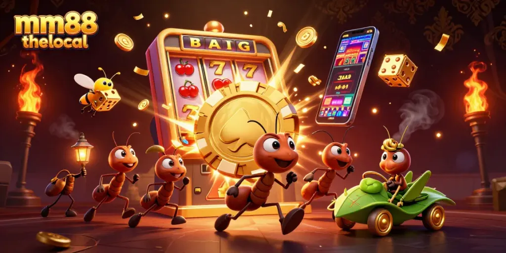 Engage in thrilling adventures with mm88 thelocal's 3D cartoon ants heist illustration featuring vibrant casino elements.