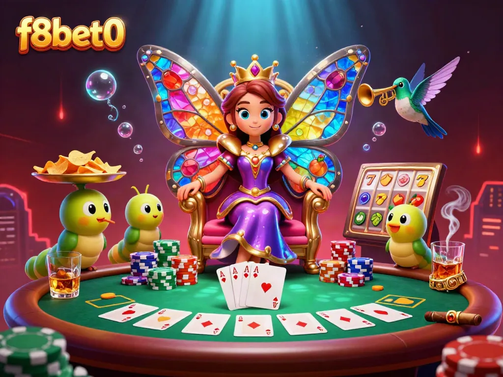 Experience thrilling gameplay at f8bet0 with colorful casino scenes featuring a butterfly queen and poker elements.