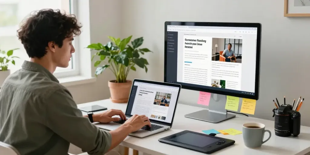 Content creator using UploadArticle.com in a bright home office with creative elements.