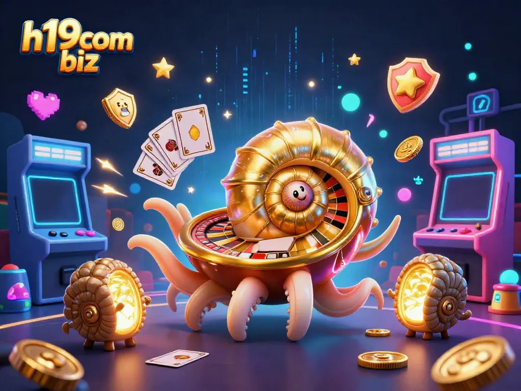 Play vibrant games at h19com biz with an engaging 3D casino scene featuring an ancient nautilus and colorful arcade machines.
