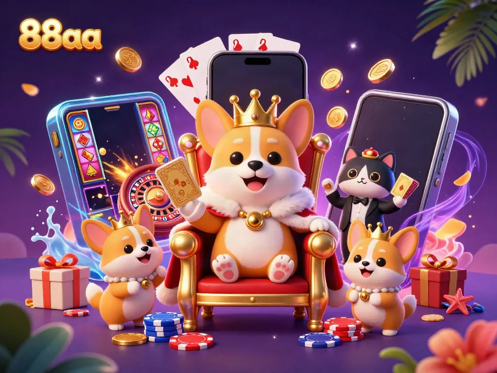 Experience rich casino fun with 88aa's royal corgi throne beneath colorful slot gaming.