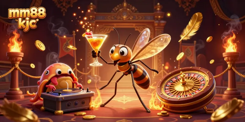 Engage with mm88 kjc in a lively casino scene featuring a unique mascot and thrilling gaming elements.