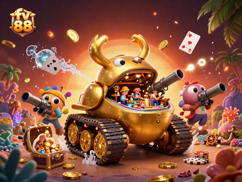 Engage in the vibrant world of fv 88 with a dynamic casino scene in a golden beetle tank.