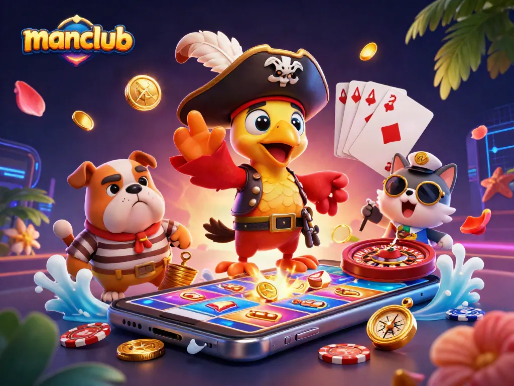 Spin the reels of manclub's slot games while enjoying a vibrant pirate-themed casino experience.