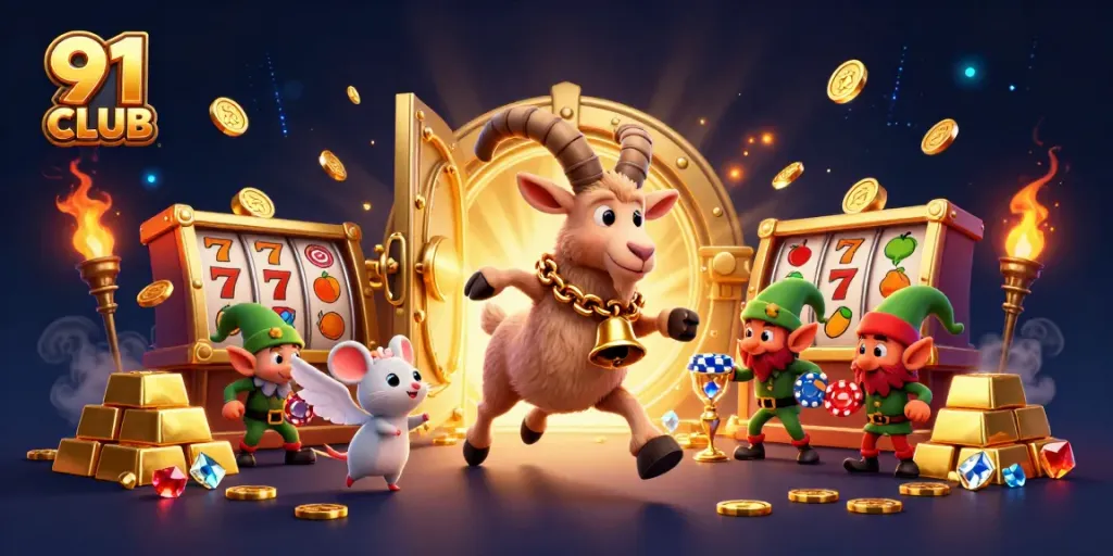 Engaging 3D illustration of 91 CLUB with Krampus goat, angel mouse, and elf gremlins amidst vibrant casino elements.