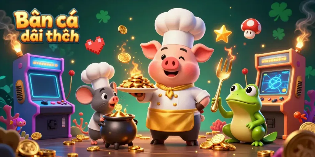 Bắn cá đổi thưởng illustrated with vibrant characters, gold coins, and dynamic gaming elements in a colorful casino-themed scene.