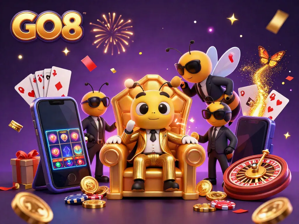 Engage in thrilling casino action with GO8 featuring vibrant characters, slot games, and celebratory confetti.