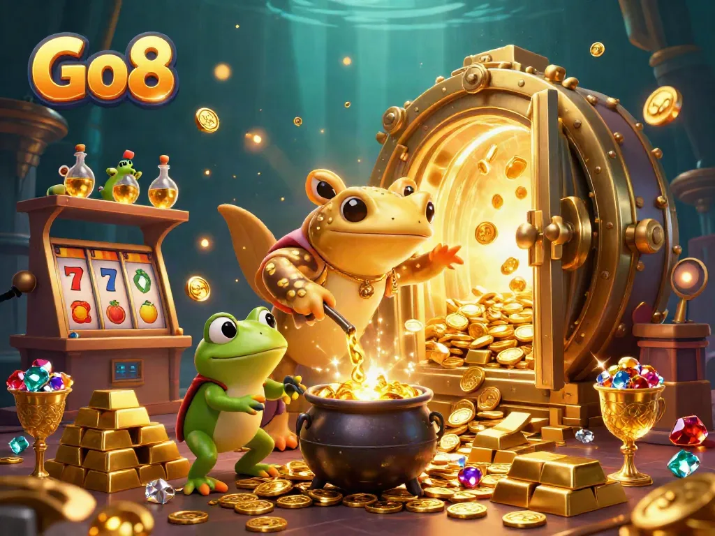 Experience Go8 gambling excitement with golden characters and casino elements in a vibrant scene