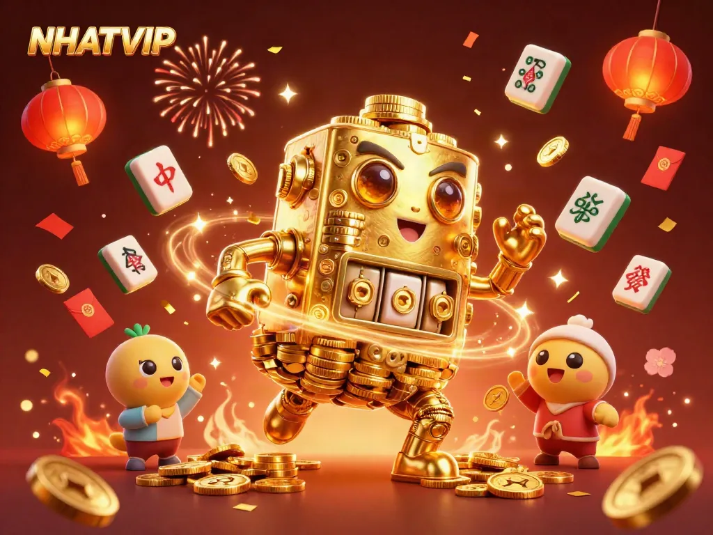 Experience the thrill of NHATVIP with a dynamic 3D golden golem surrounded by festive gaming elements.