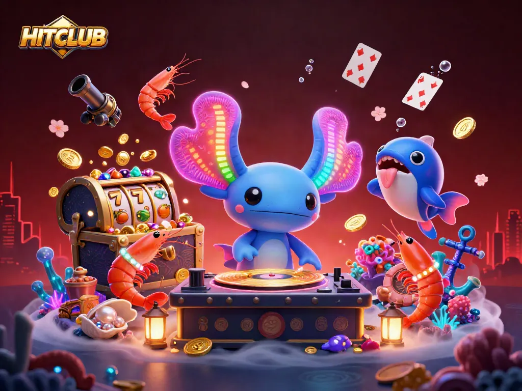 Experience HITCLUB's vibrant casino scene with dynamic slot reels and lively underwater characters.