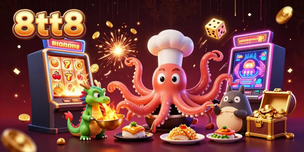 Engage with 8tt8 in this vibrant casino scene featuring a sushi chef octopus, dragon, and tanuki.