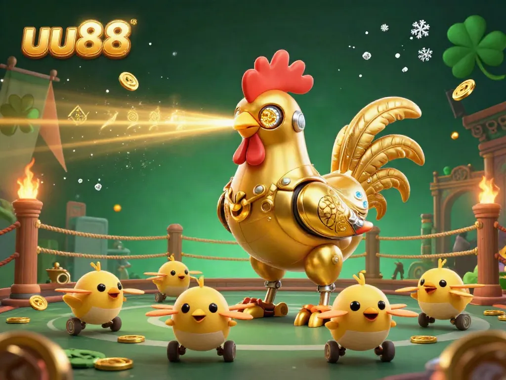Engage with the thrilling action of uu88's gambling universe featuring a golden rooster robot and baby chick drones.