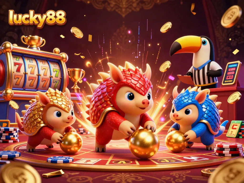 lucky88 game scene featuring rival pangolins bowling through poker chips, engaging in dynamic casino action