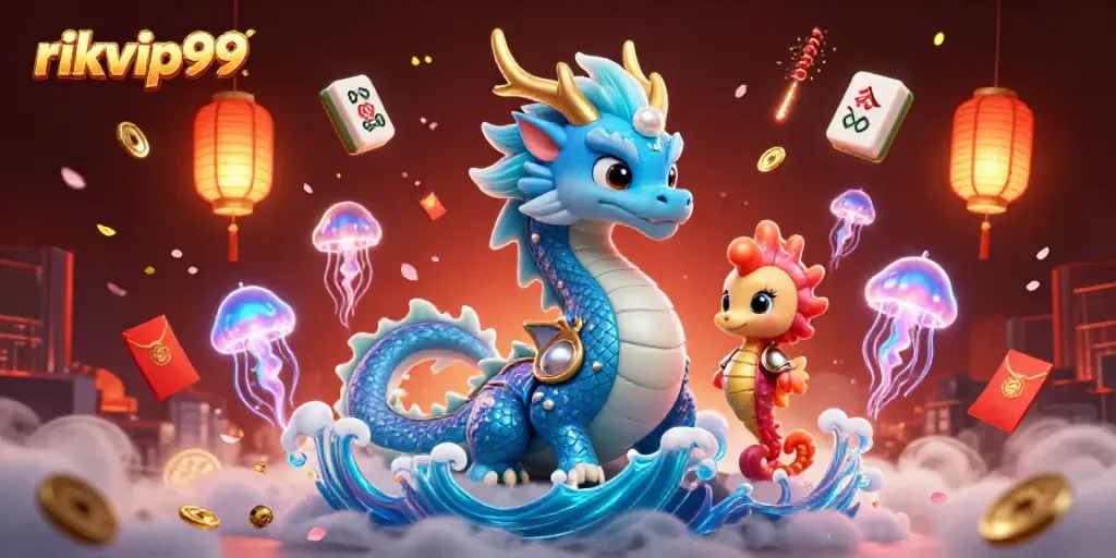 Experience the thrilling world of rikvip99 with a vibrant 3D illustration of a mystical ocean dragon, coral armored knight, and jellyfish.