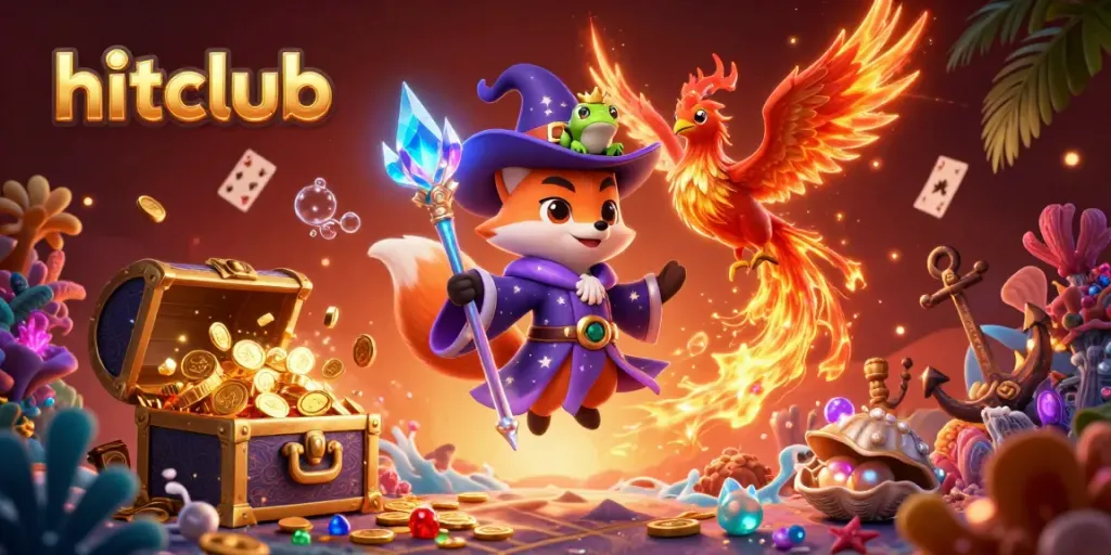 Engage with hitclub's dynamic 3D casino world, featuring a mystical wizard fox and phoenix.