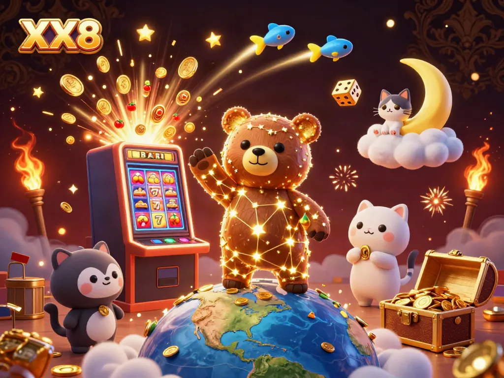 Experience the excitement of XX8 with vibrant casino games, gold coins, and animated characters.