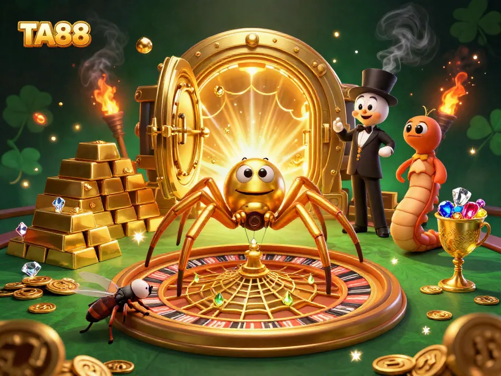 Experience thrills with TA88 as a golden spider spins the roulette wheel of fortune, showcasing vibrant casino elements.
