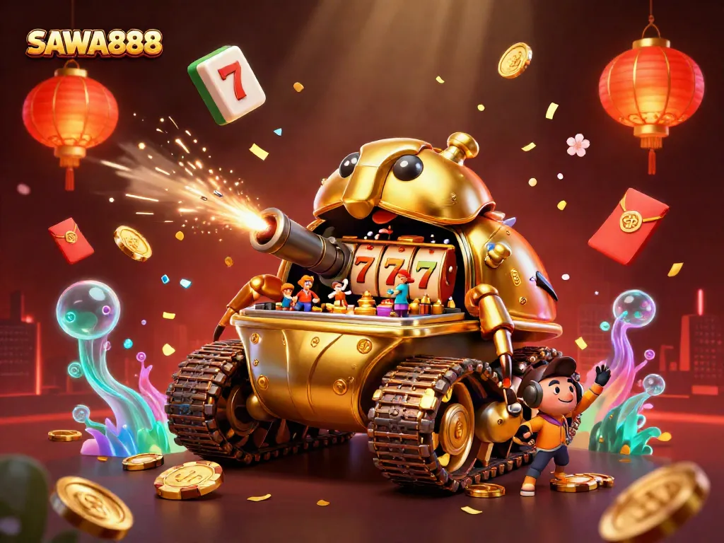 Experience thrilling slots with SAWA888's dynamic casino adventure in a 3D illustration.