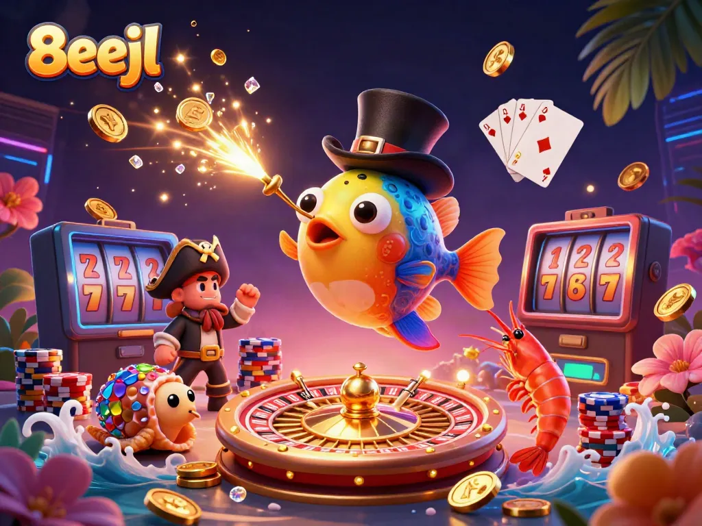 Engage with 8eejl by joining a vibrant underwater casino scene filled with golden coins and playful characters.
