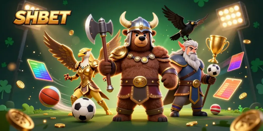 Experience excitement at SHBET with a Viking bear and Valkyrie in a vibrant casino scene.