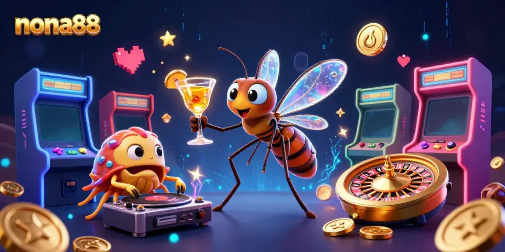 Nona88 captivates with a vibrant casino scene featuring a unique 3D mosquito mascot and thrilling gaming elements.