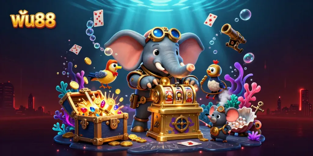 Play exciting slot games at ฟัน88 with steampunk-themed characters surrounded by treasure!