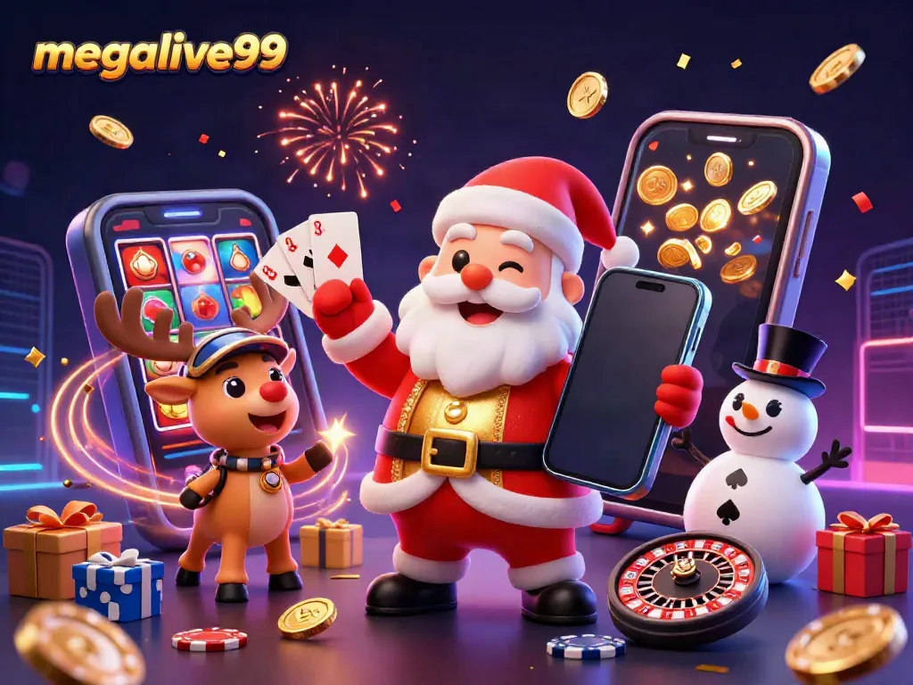 Gambarlah megalive99, Santa Claus dengan rekan-rekan kasino merayakan jackpot dengan smartphone