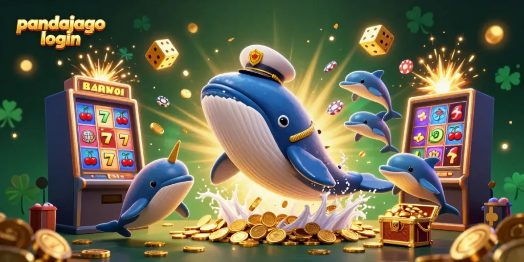 Mainkan slot seru di pandajago login dengan gambar animasi paus dan simbol keberuntungan penuh koin.
