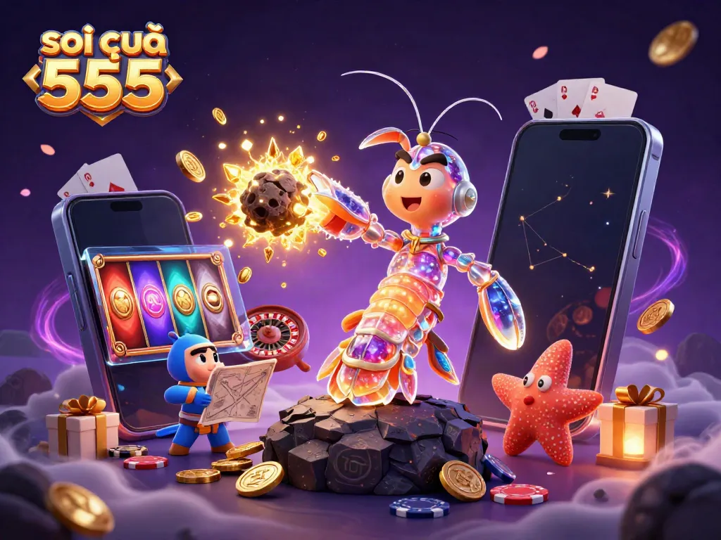 Soi cầu 555 showcases a vibrant scene of a galactic mantis shrimp amidst casino elements, highlighting dynamic gambling activities.