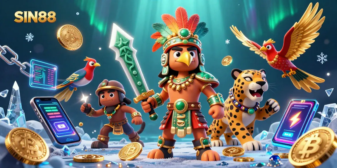 SIN88 showcases a vibrant scene with an Aztec warrior and crypto elements in a thrilling casino environment.