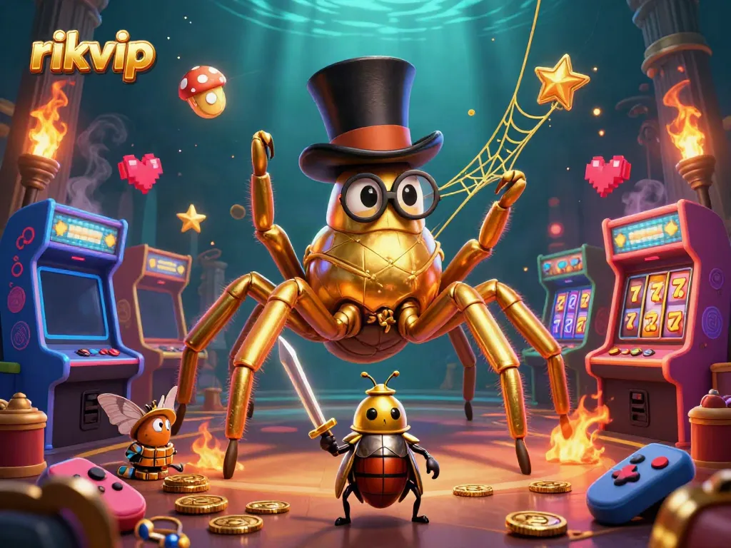 Engage with rikvip through this vibrant 3D casino scene featuring a golden tarantula and beetle knight in action.