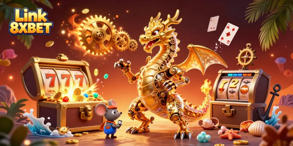 Experience the excitement of Link 8XBET with a golden dragon and vibrant casino elements.