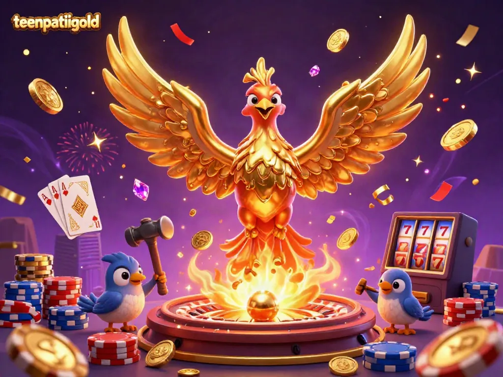 Experience the excitement of teenpatiigold with vibrant golden phoenixes and cascading coins in this dynamic gaming art.