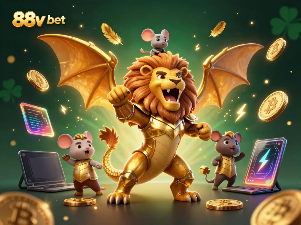Engage in thrilling gambling adventures with 88v bet, featuring a powerful chimera illustration in a vibrant casino setting.