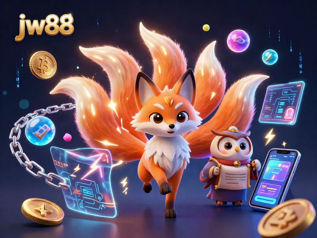 Engage with jw88 as the colorful nine-tailed fox spirit dances with crypto coins in a dynamic casino scene.