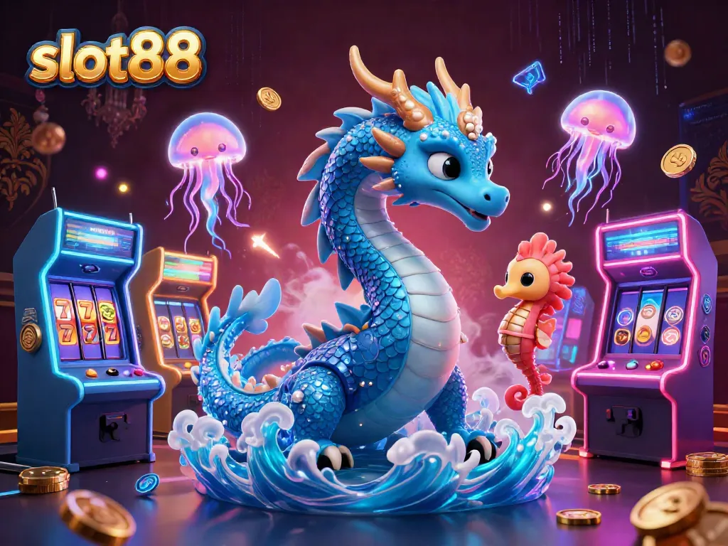 Menghadirkan sensasi bermain slot88 dengan ilustrasi naga air, kesatria kuda laut, dan mesin arcade.