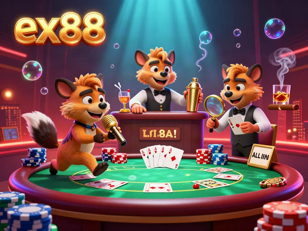 Hyenas entertain at ex88's vibrant comedy casino, full of gaming action and excitement.