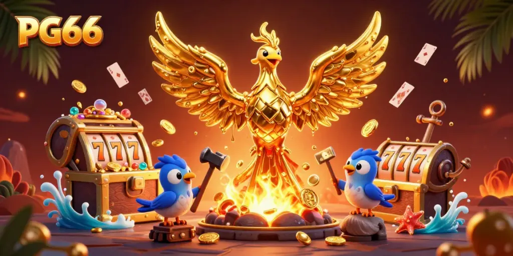 Experience PG66's online casino excitement with a molten golden phoenix and vibrant slot elements.