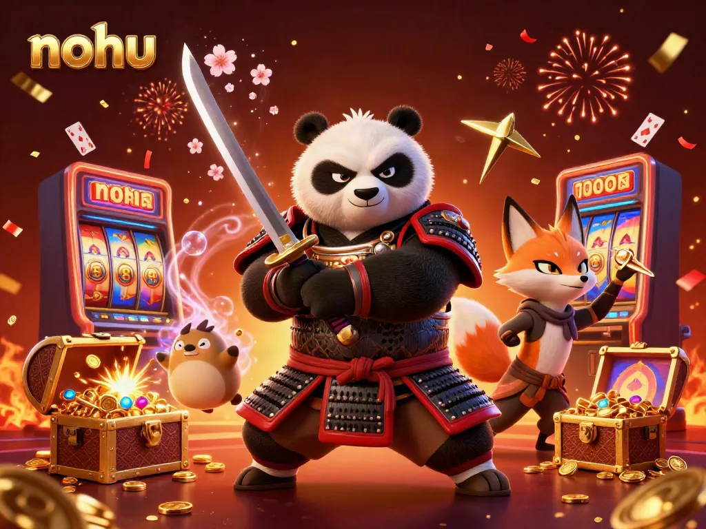 Nohu showcases a vibrant casino scene with samurai, ninja, and treasure amidst spinning slots and colorful confetti.