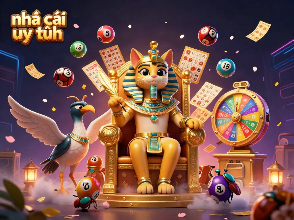 Engage with Nhà cái uy tín as an Egyptian pharaoh cat holds court with lottery excitement, showcasing high-stakes gaming dynamics.