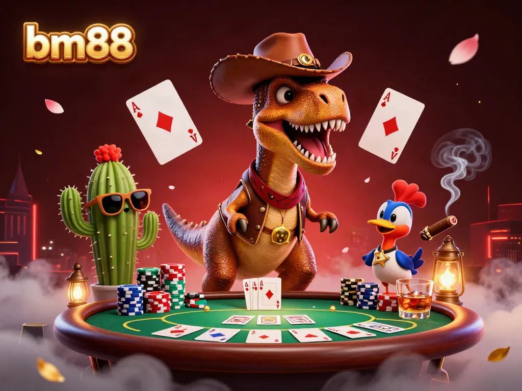 Engaging bm88 scene with cartoon dinosaur, cactus, and roadrunner amidst poker action.