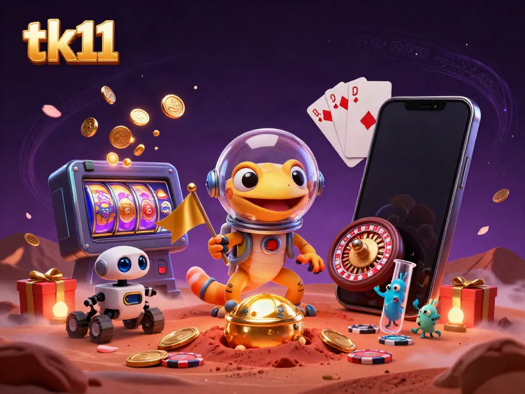 Spin the reels in tk11's immersive casino adventure with Martian characters and vibrant gaming elements.