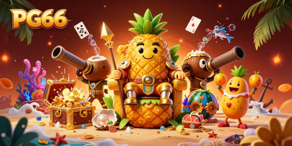 Experience vibrant PG66 casino action with a golden pineapple king amidst treasure and games.