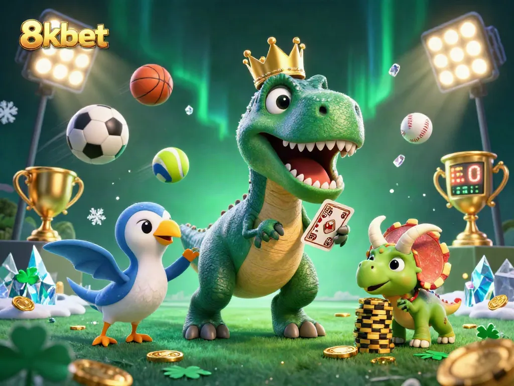 Bettors enjoy 8xbet's vibrant gaming scene with a T-Rex shuffling cards, symbols of sports betting.