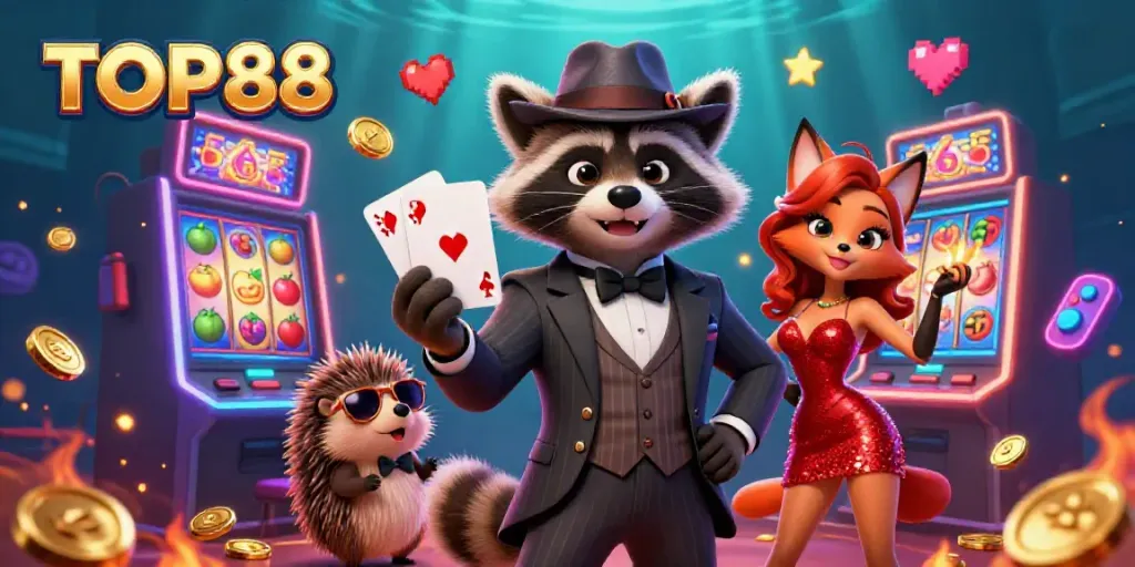 Experience the excitement of TOP88 with a charming raccoon, fox, and hedgehog in a vibrant casino scene.