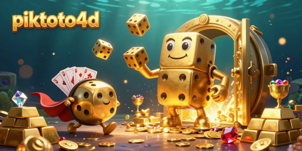 Experience the thrilling excitement of piktoto4d as a golden dice golem juggles winning fortunes amidst dazzling displays of jewels and treasures.
