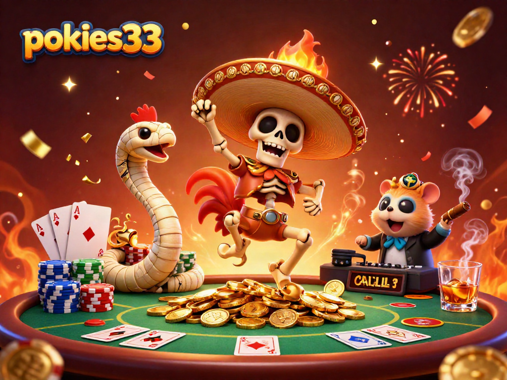 Experience the thrill of pokies33 with vibrant casino characters amidst poker elements.