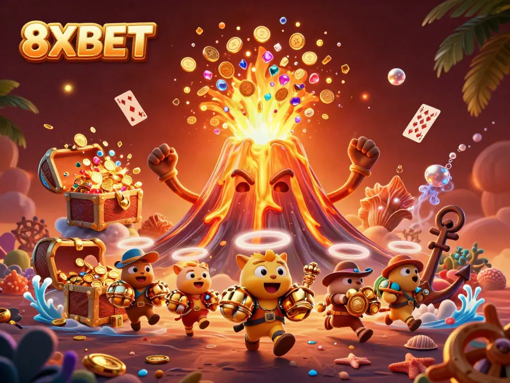 Experience gaming excitement with 8XBET as a golden volcano erupts treasure and adventure.
