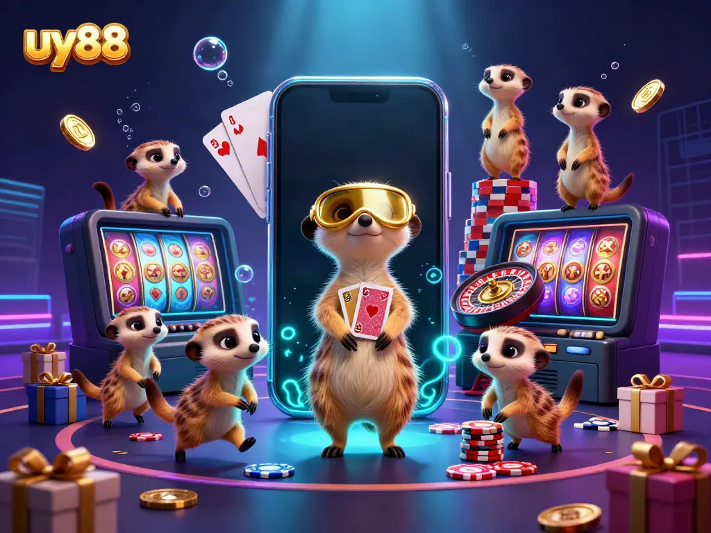 Experience the thrilling casino action at uy88 with a meerkat colony engaging in fun games.