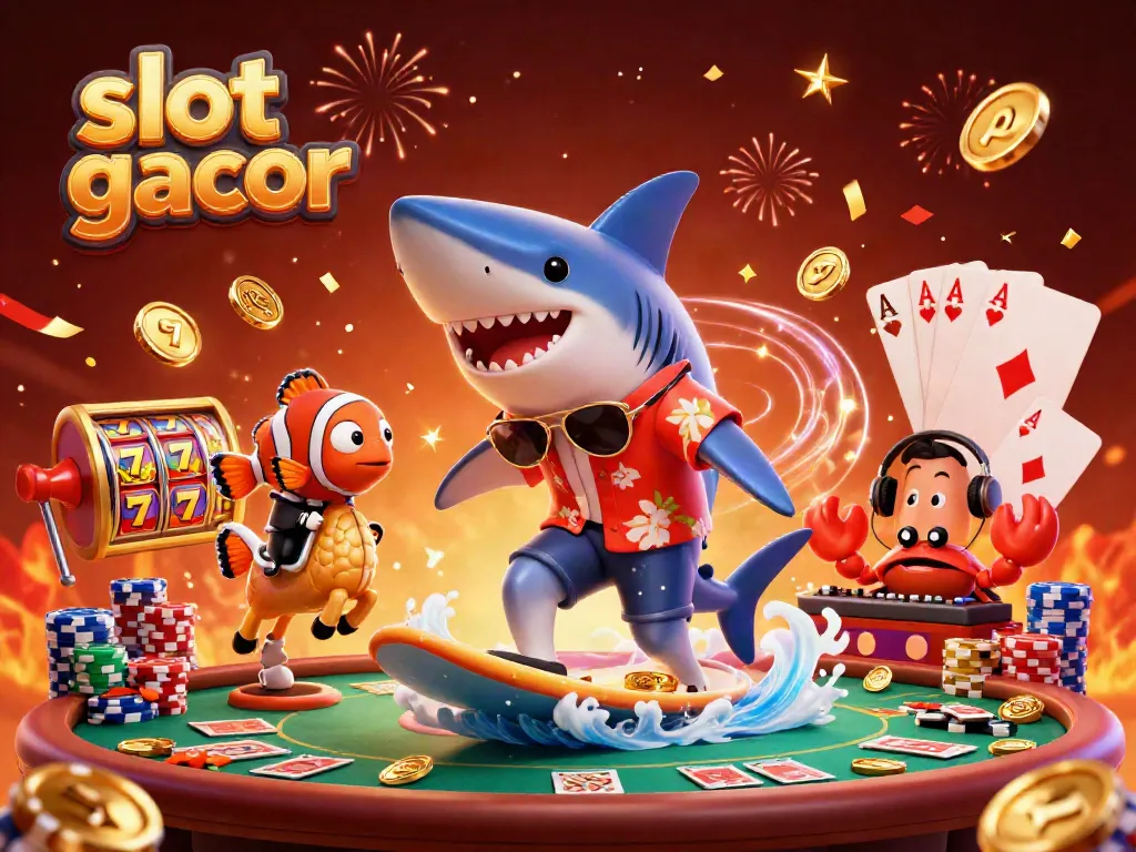 Experience the thrill of slot gacor with a vivid 3D illustration featuring playful characters and dynamic casino elements.